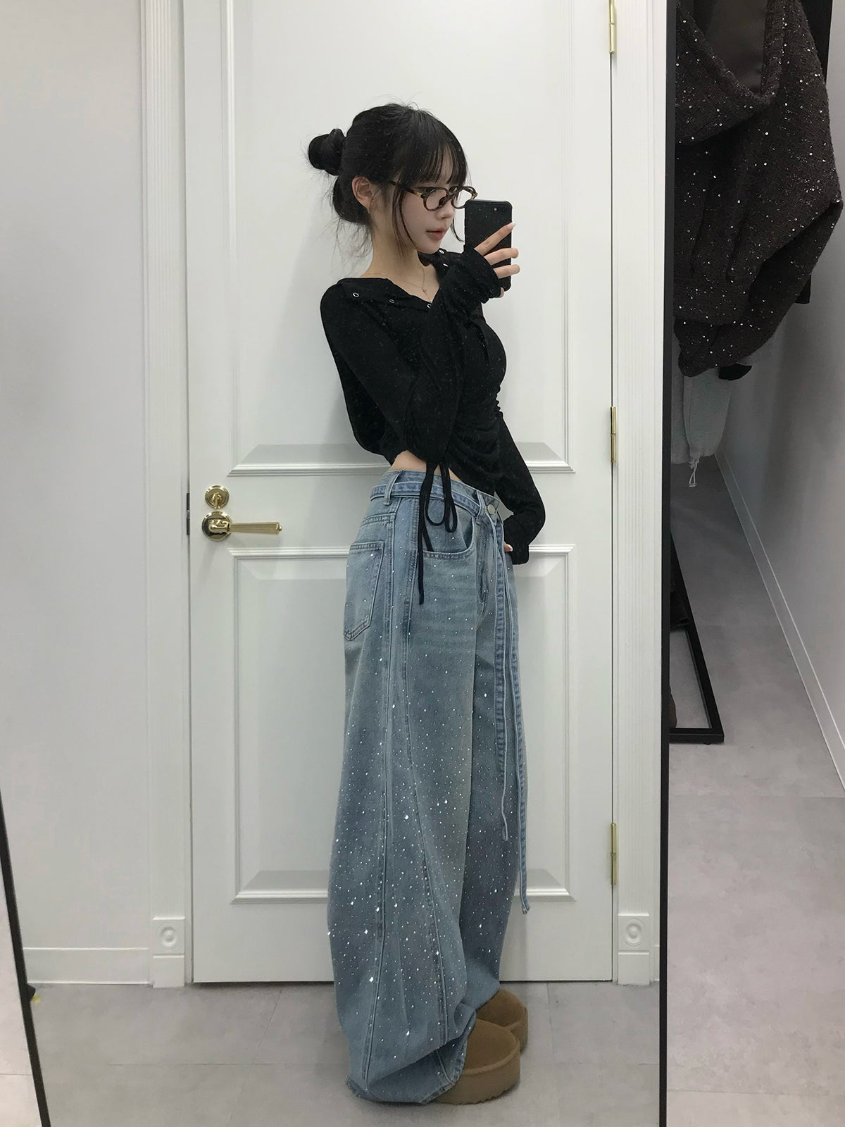 웨스트 스트링 라인스톤 와이드 데님 팬츠