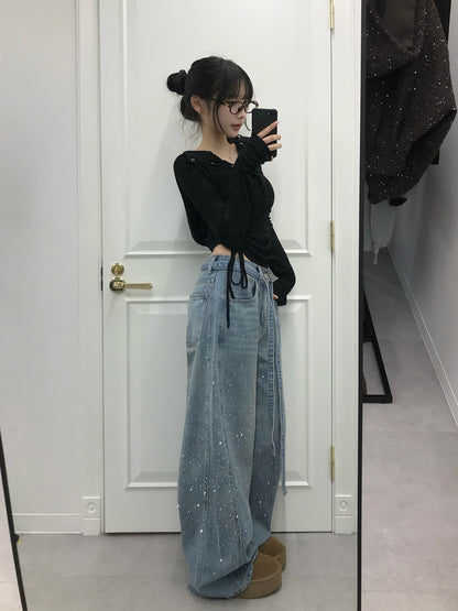 웨스트 스트링 라인스톤 와이드 데님 팬츠