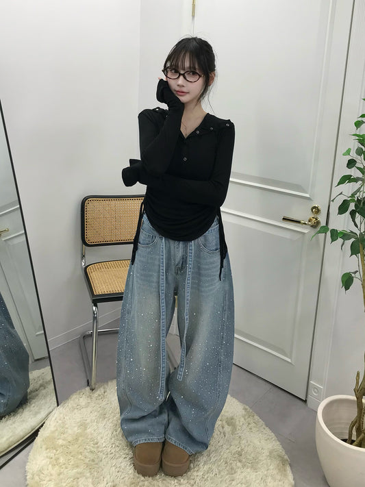 ウエストコードラインストーンワイドデニムパンツ