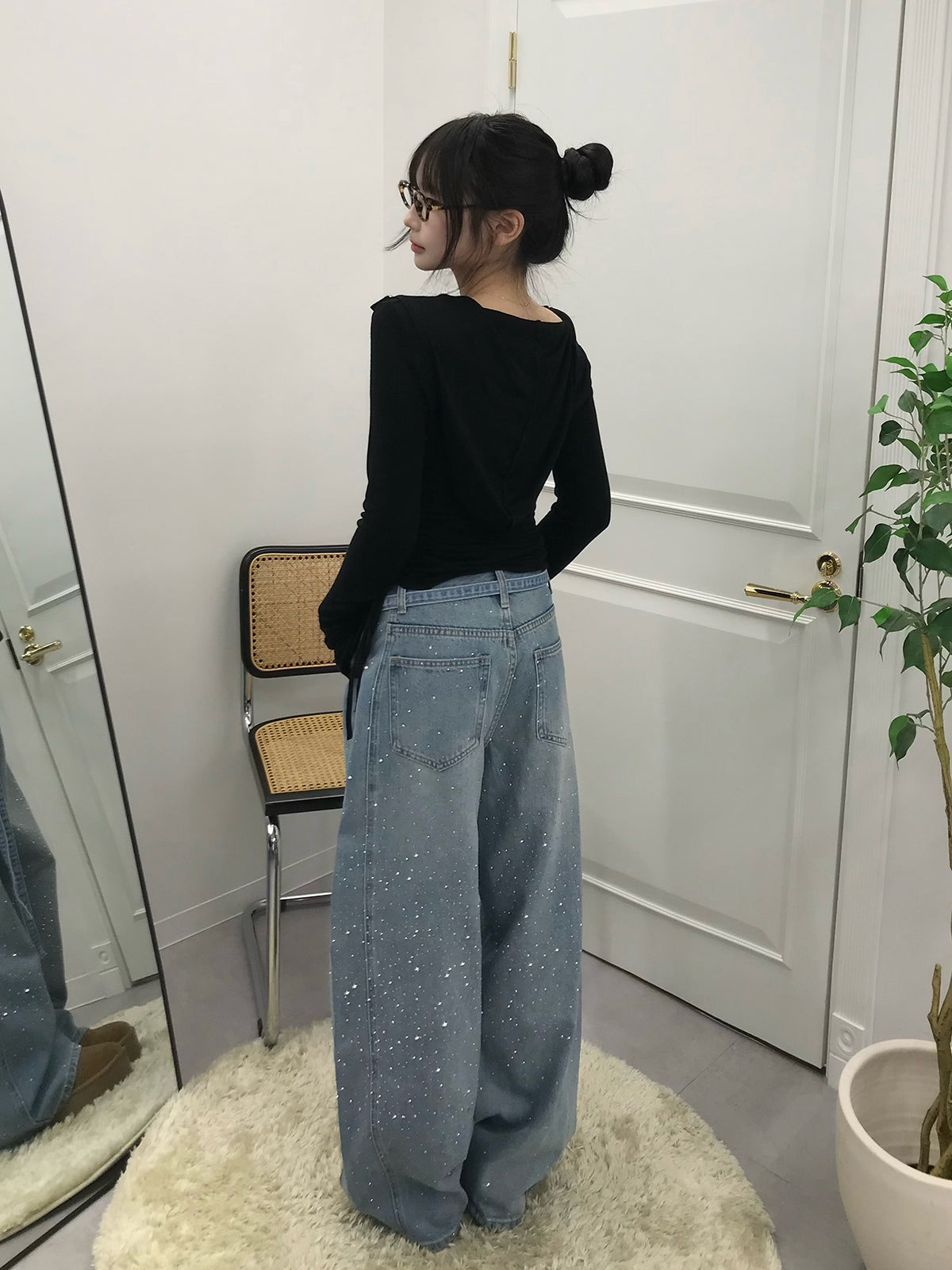 웨스트 스트링 라인스톤 와이드 데님 팬츠