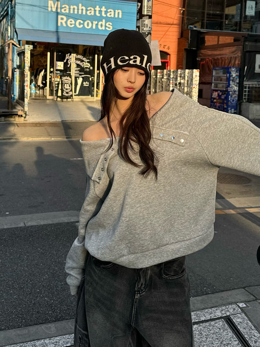 スナップボタンオフショルスウェット