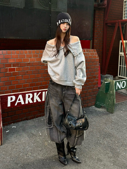 スナップボタンオフショルスウェット