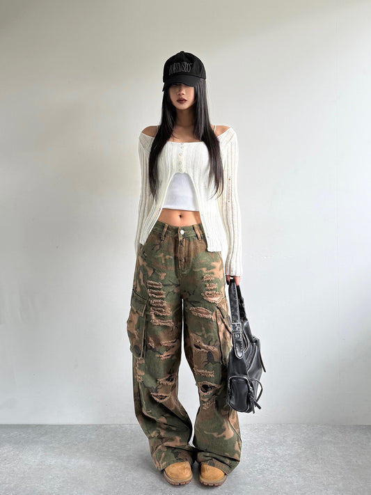 迷彩破壞風格工裝牛仔褲