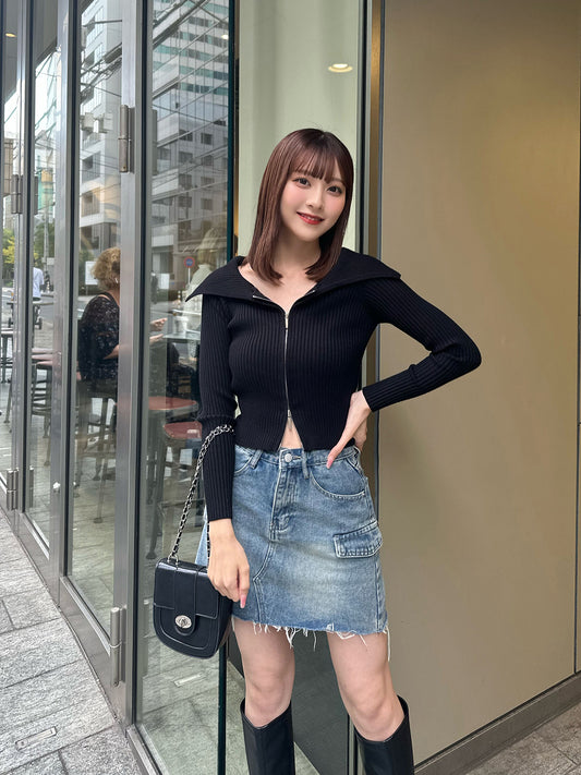 Zip-up rib knit top