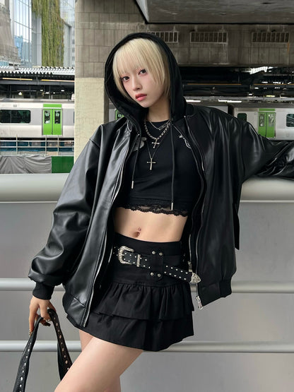 フーディージップレザータッチジャケット