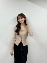 Zip-up rib knit top - beige