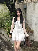 シアースリーブサテンリボンブラウス - ホワイト