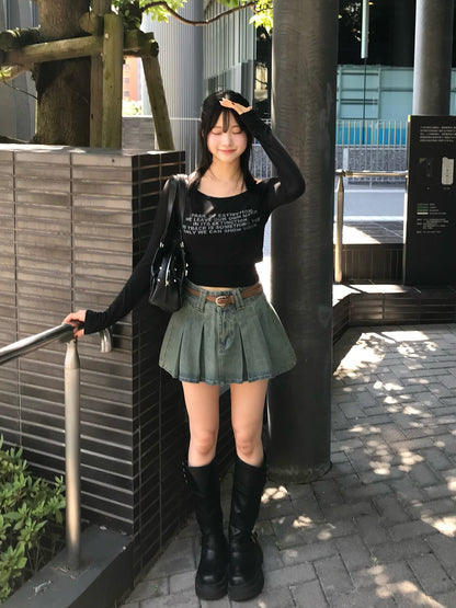 ベルトセットプリーツデニムミニスカート