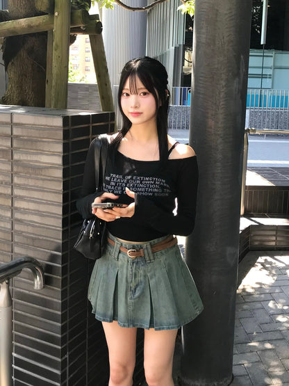 ベルトセットプリーツデニムミニスカート