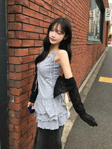 ショルダーリボンティアードキャミワンピース - グレー