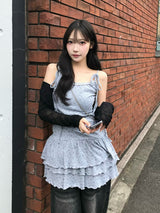Shoulder Ribbon Tiered Camisole Dress - Gray