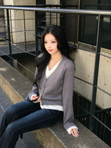 ダブルニットデザインカーディガン - グレー