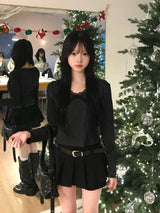 ドットレースVネックカットソー - ブラック