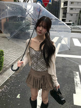 检查吊带套装开衫 - ベージュ