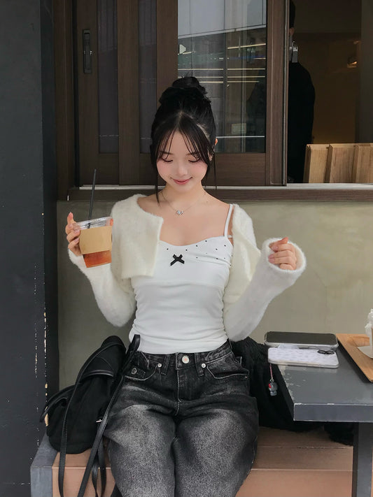 シャギーカーディガンドットキャミセット