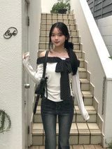 ドットリボンオフショルカットソー - ホワイト