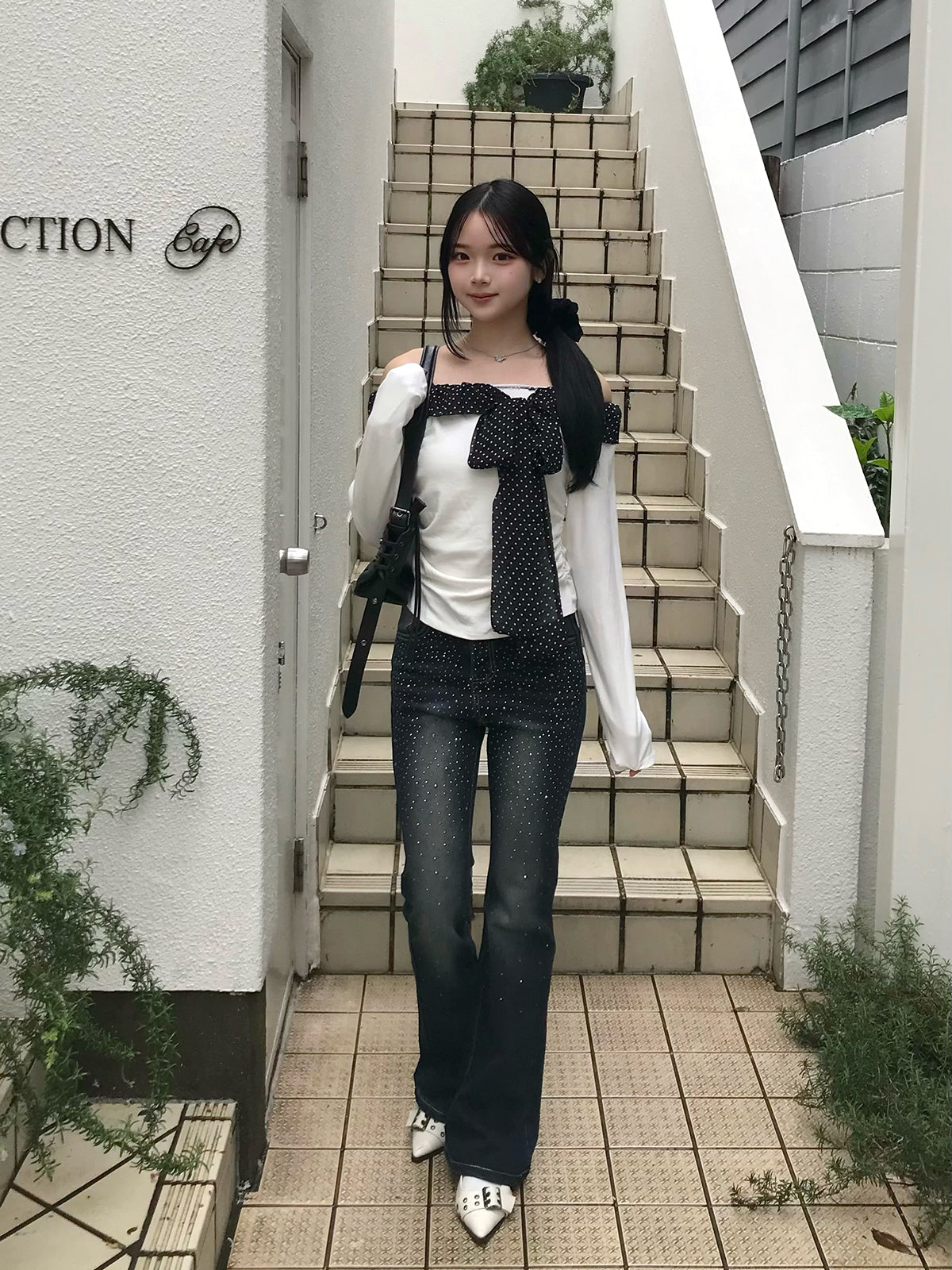 ラインストーンウォッシュフレアデニムパンツ