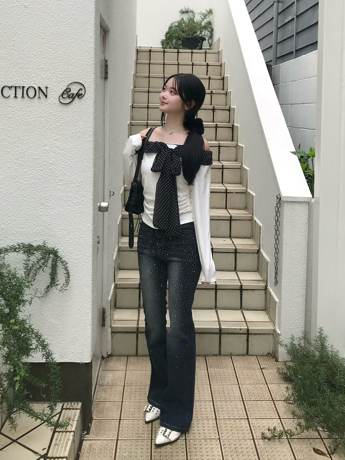 ラインストーンウォッシュフレアデニムパンツ