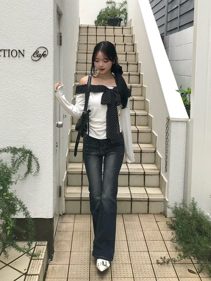 ラインストーンウォッシュフレアデニムパンツ