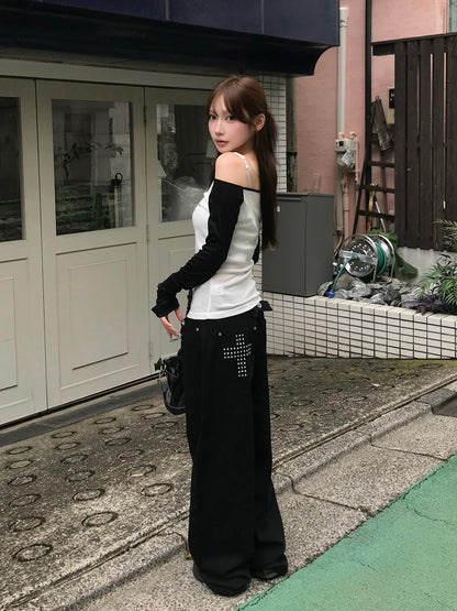 クロススタッズブラックデニムパンツ