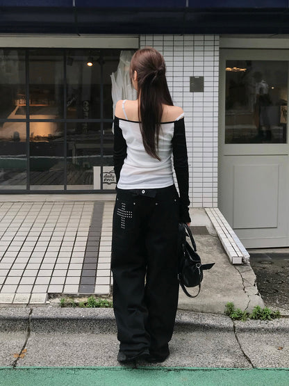 クロススタッズブラックデニムパンツ
