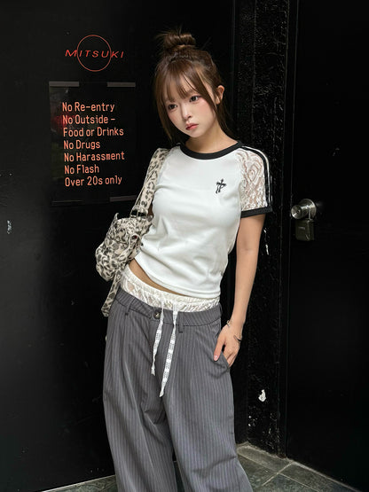 ラインスリーブレースTシャツ
