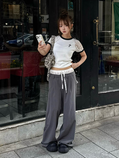 细条纹蕾丝西裤