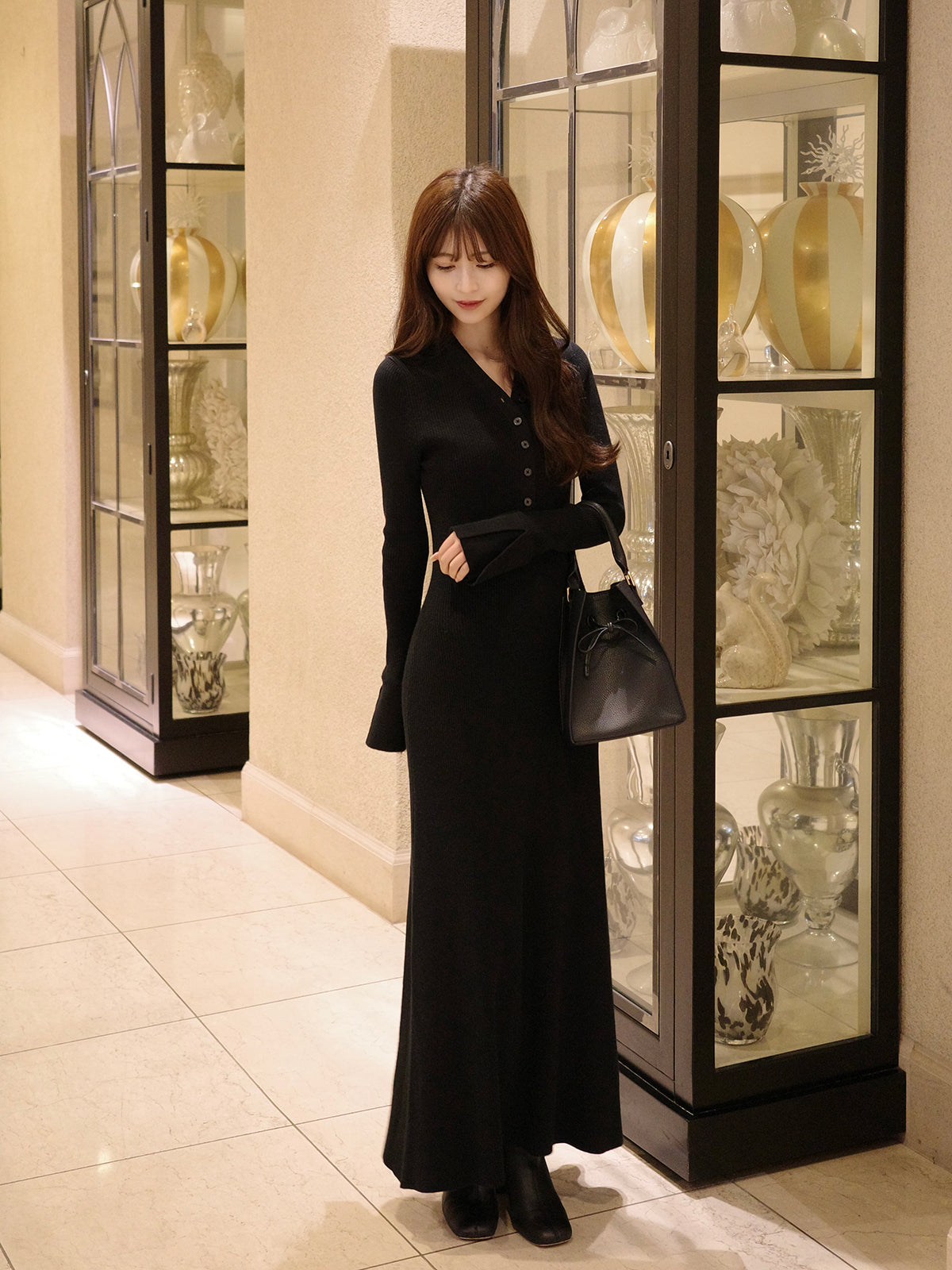 フロントボタンフレアニットワンピース【予約】