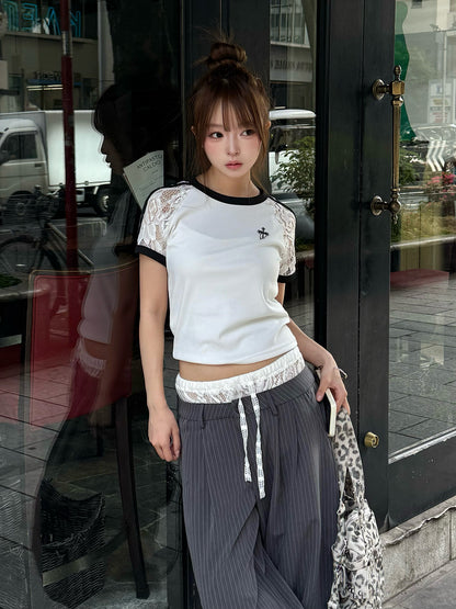 ラインスリーブレースTシャツ