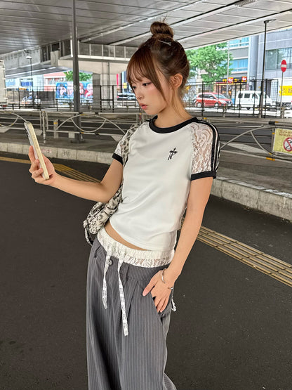 ラインスリーブレースTシャツ