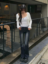 ラインストーンウォッシュフレアデニムパンツ - ブルーブラック