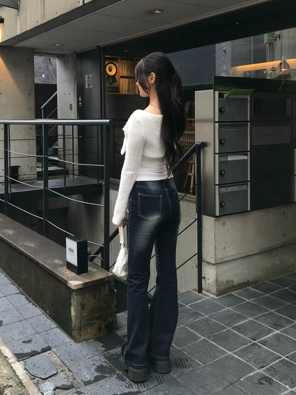 ラインストーンウォッシュフレアデニムパンツ