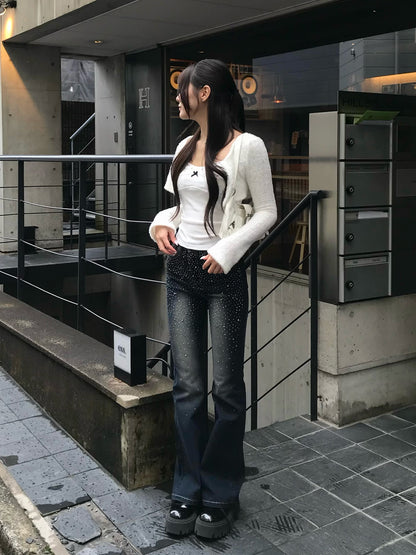 ラインストーンウォッシュフレアデニムパンツ