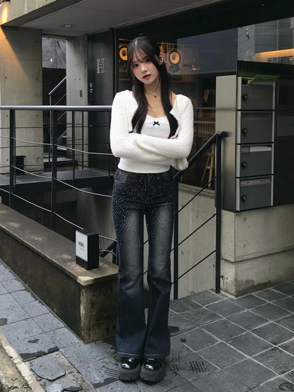 ラインストーンウォッシュフレアデニムパンツ