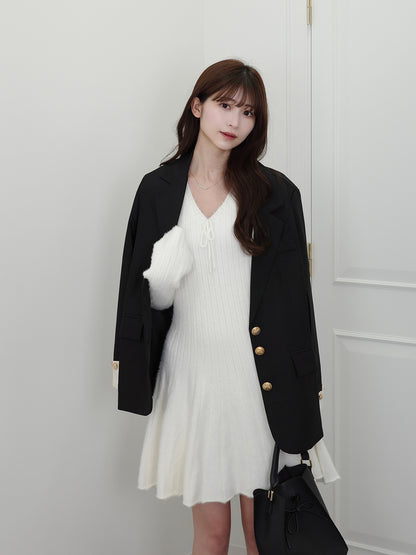 Vネックリボンニットミニワンピース