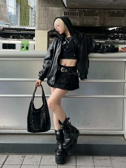 フーディージップレザータッチジャケット