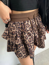 Leopard Design Frill Mini Skirt - Brown