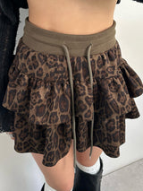 Leopard Design Frill Mini Skirt - Khaki