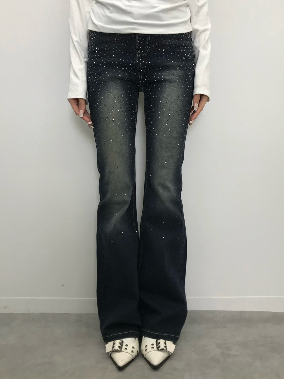 ラインストーンウォッシュフレアデニムパンツ