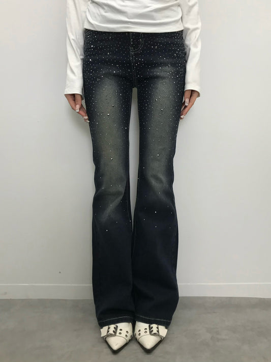 ラインストーンウォッシュフレアデニムパンツ