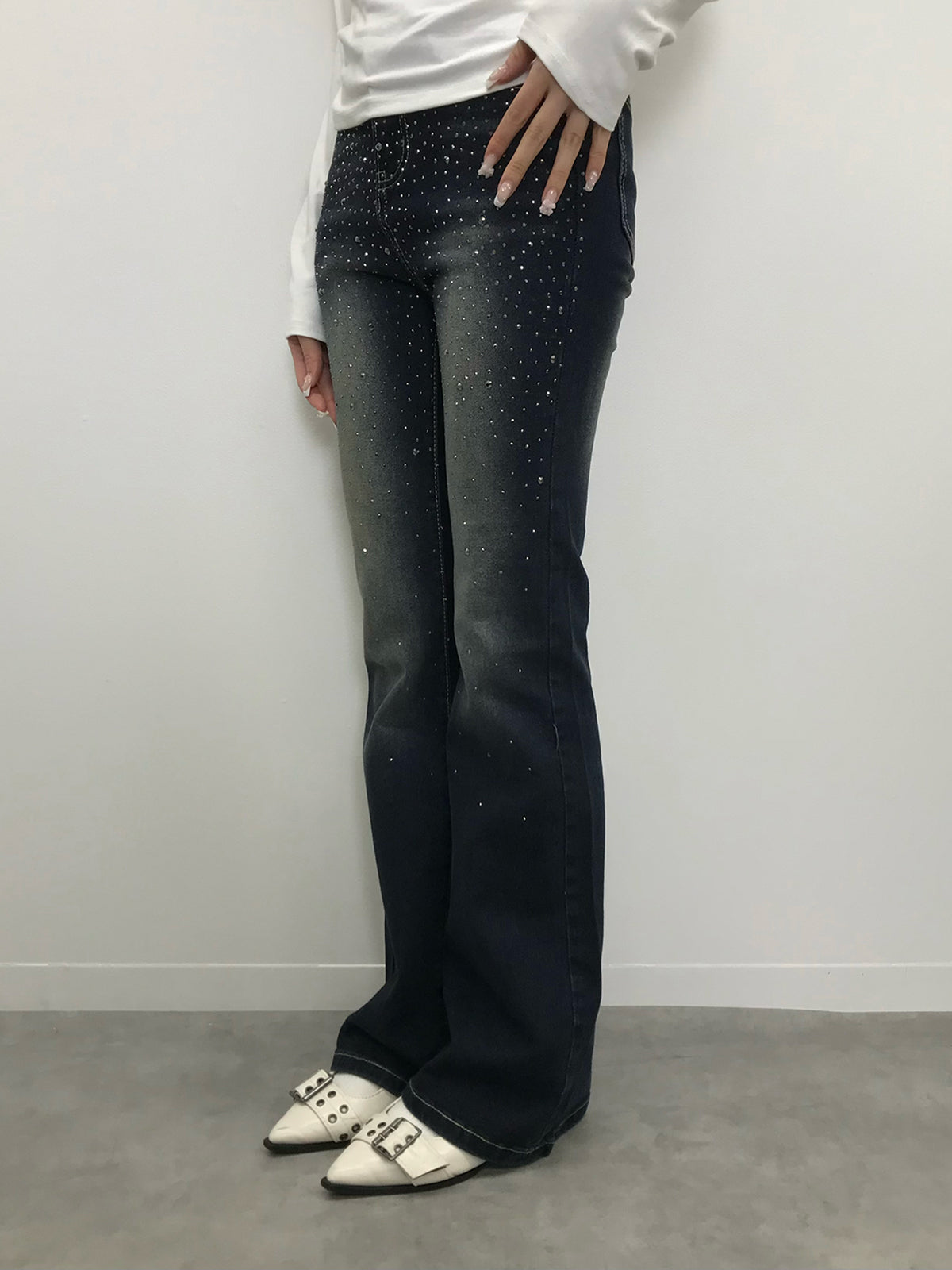 ラインストーンウォッシュフレアデニムパンツ