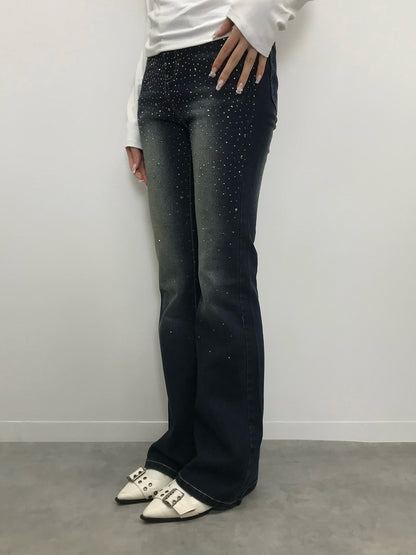 ラインストーンウォッシュフレアデニムパンツ