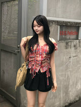 ダブルシャーリングフリルブラウス - レッド