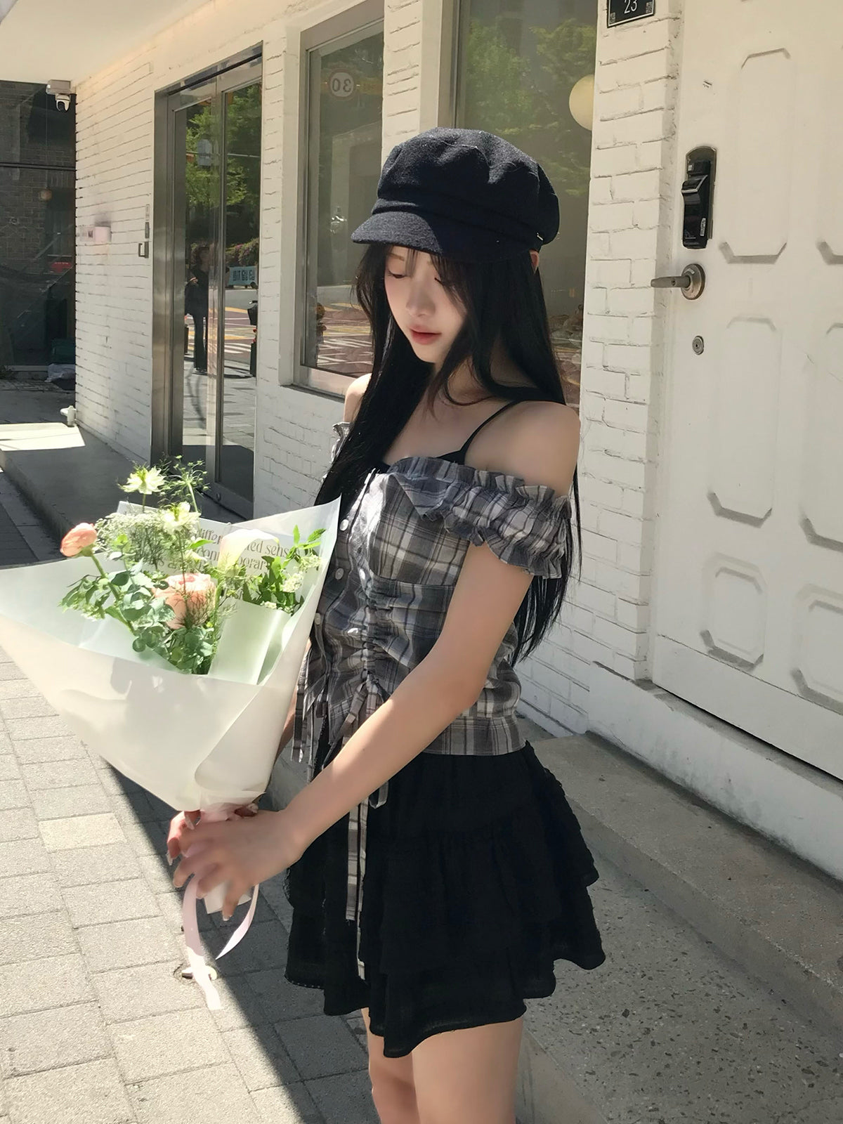 더블 셔링 프릴 블라우스