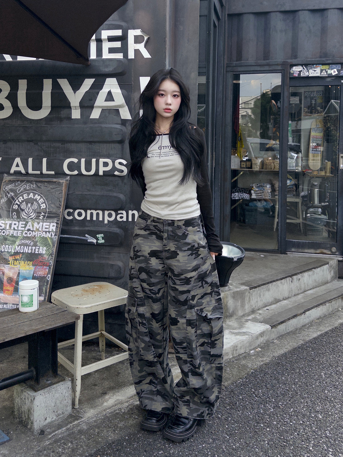 カモフラージュ口袋宽松裤