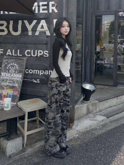 カモフラージュ口袋宽松裤