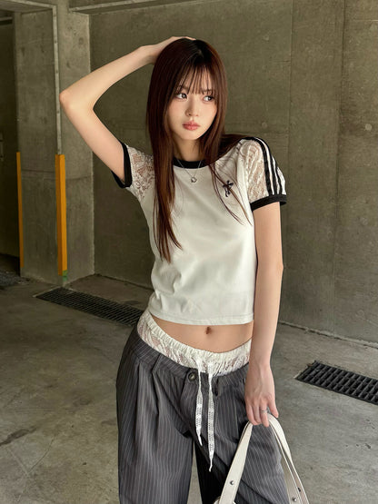 ラインスリーブレースTシャツ