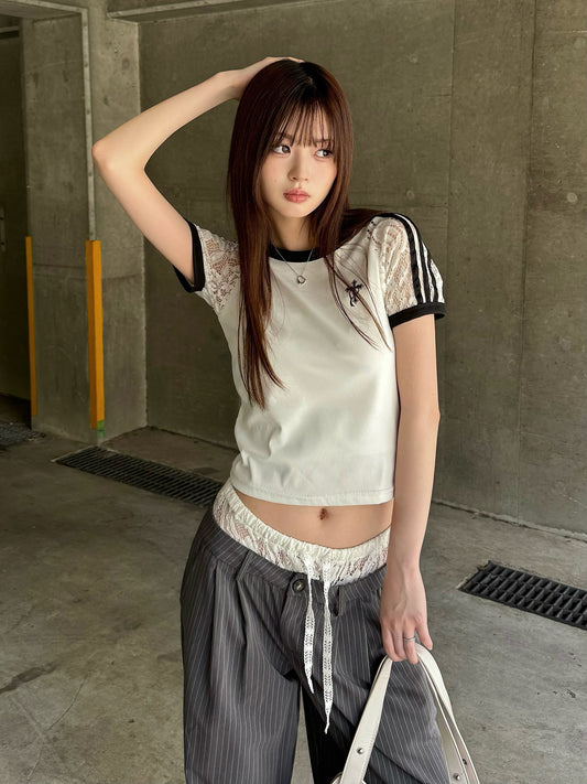 ラインスリーブレースTシャツ
