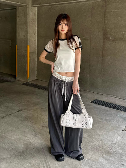 ラインスリーブレースTシャツ