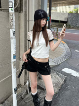 ラインスリーブレースTシャツ - ホワイト